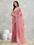 Janasya Mauve Linen Blend Floral Printed Saree | Grocsy