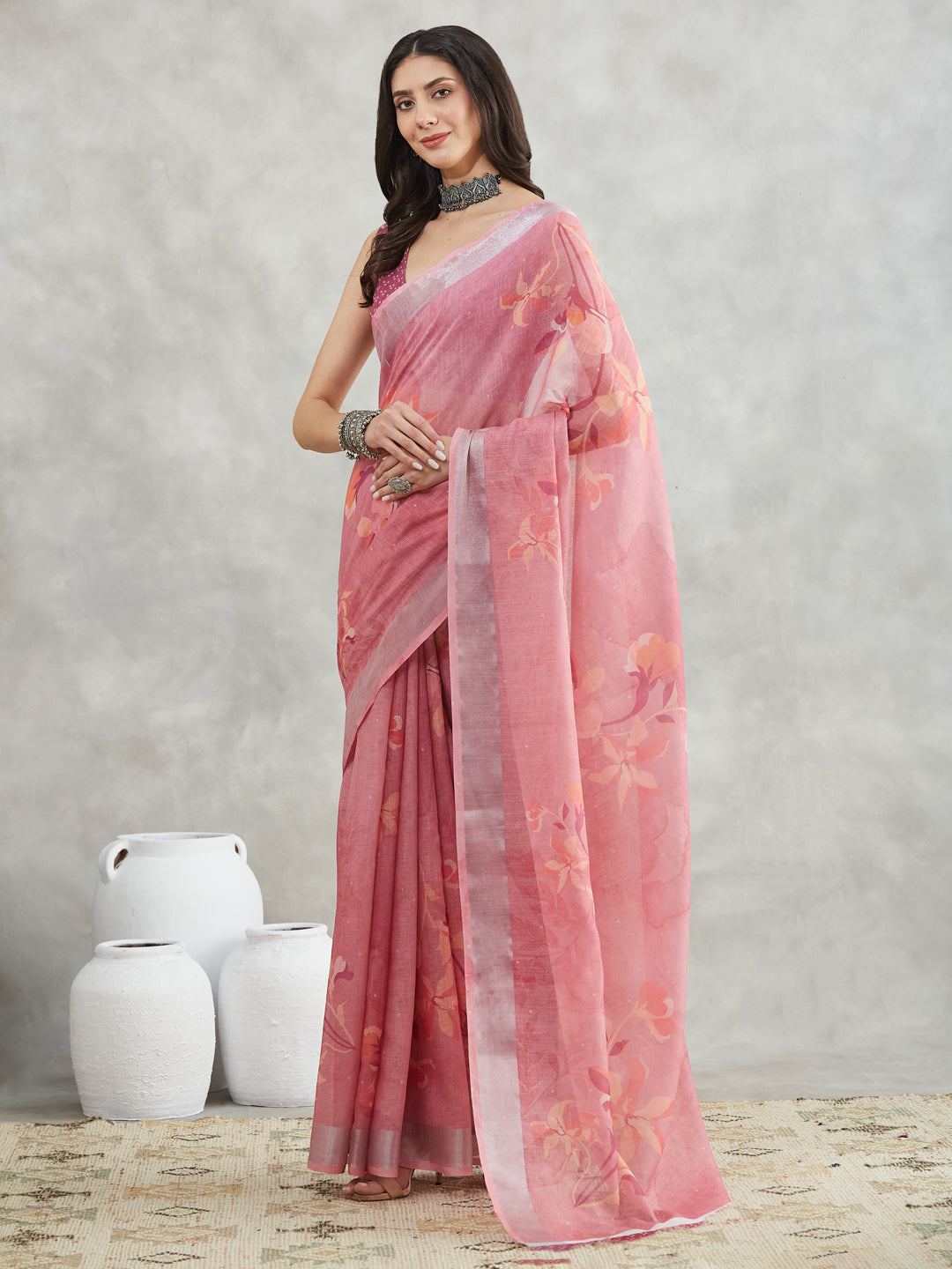 Janasya Mauve Linen Blend Floral Printed Saree | Grocsy