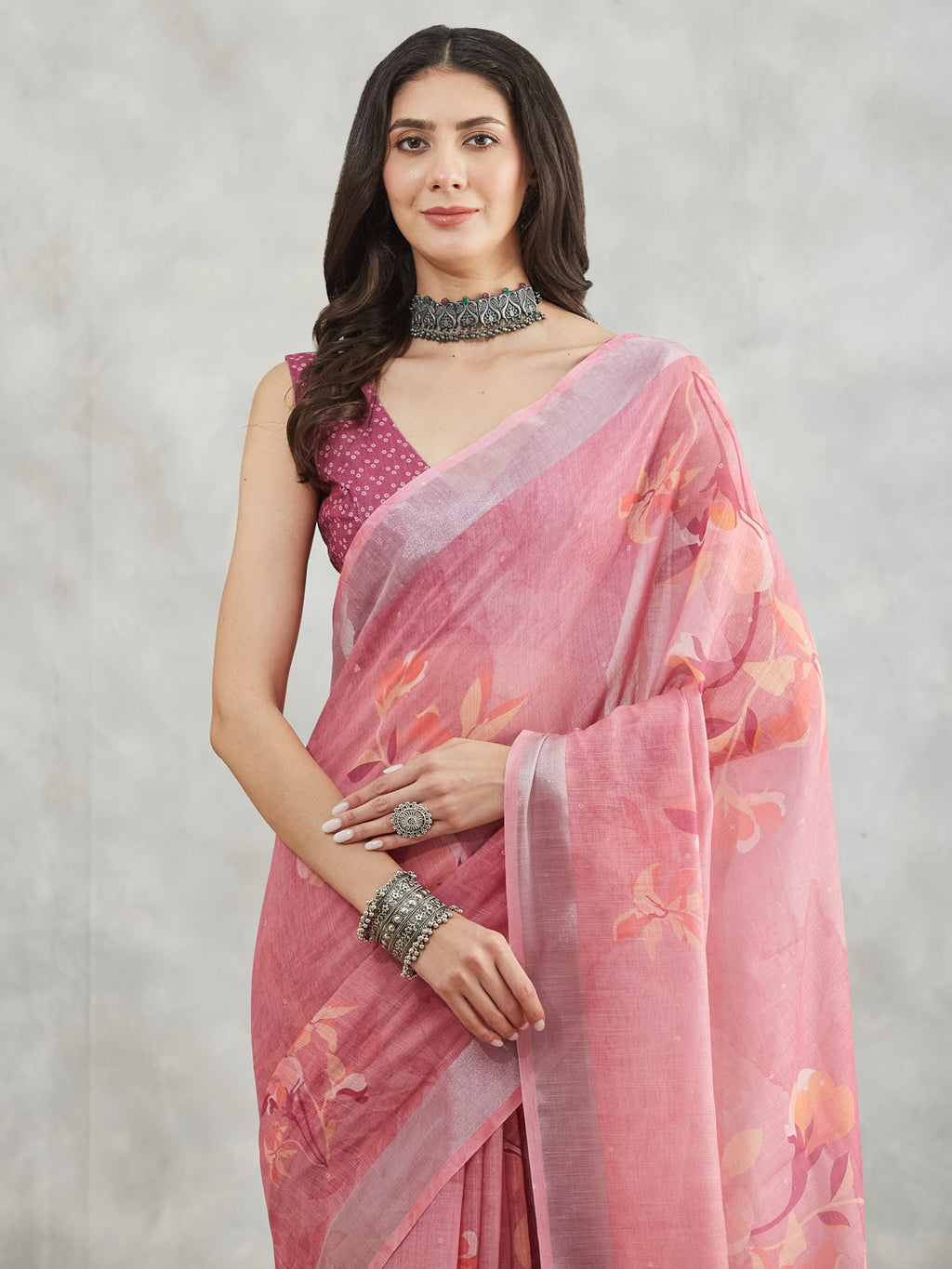 Janasya Mauve Linen Blend Floral Printed Saree | Grocsy