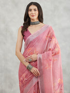 Janasya Mauve Linen Blend Floral Printed Saree | Grocsy