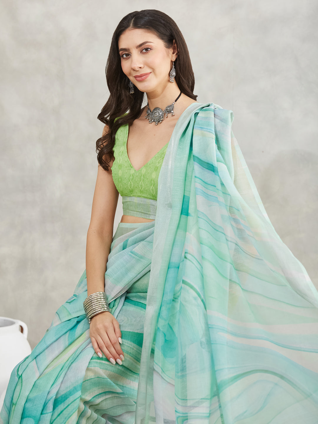 Janasya Sea Green Linen Blend Abstract Printed Saree | Grocsy