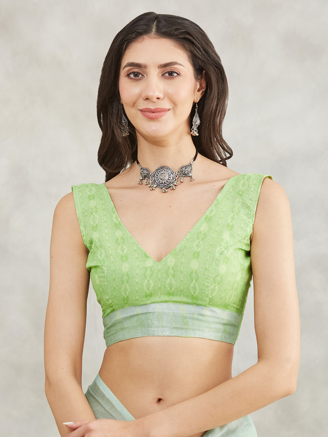 Janasya Sea Green Linen Blend Abstract Printed Saree | Grocsy