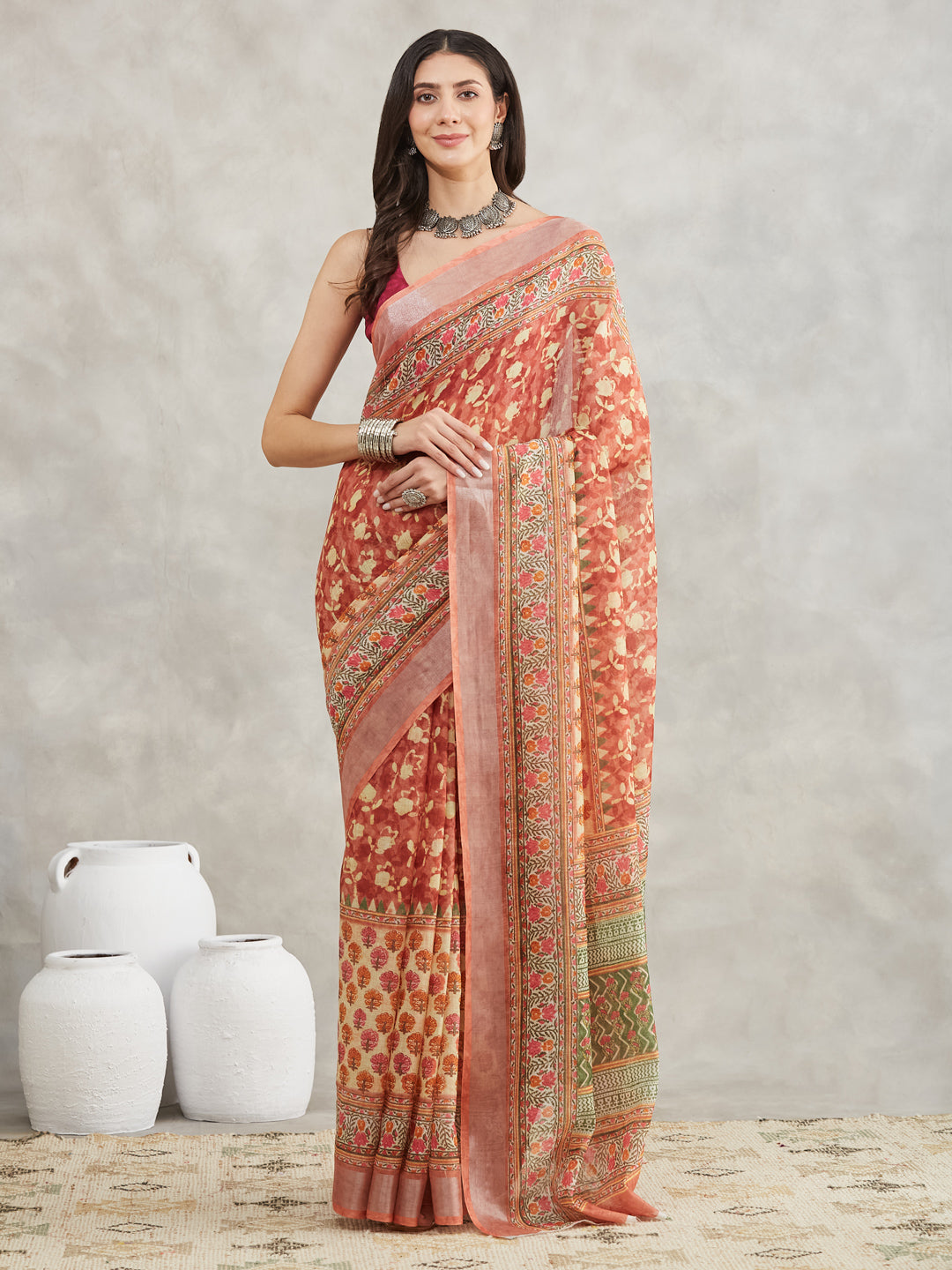 Janasya Rust Linen Blend Batik Printed Saree | Grocsy