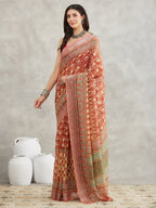 Janasya Rust Linen Blend Batik Printed Saree | Grocsy