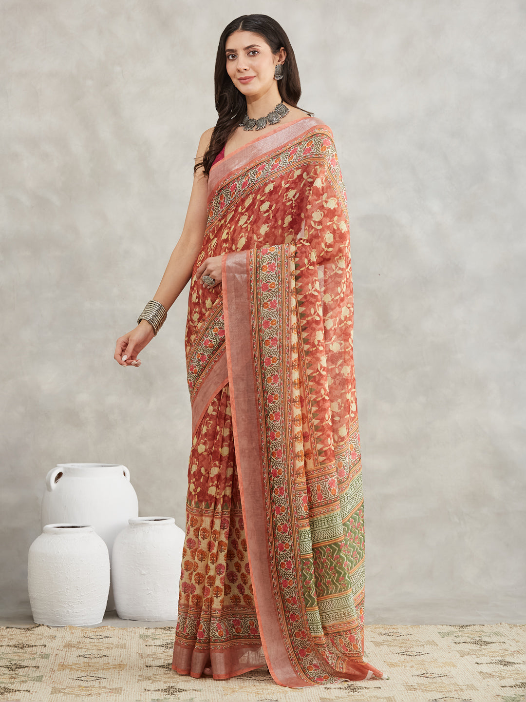 Janasya Rust Linen Blend Batik Printed Saree | Grocsy