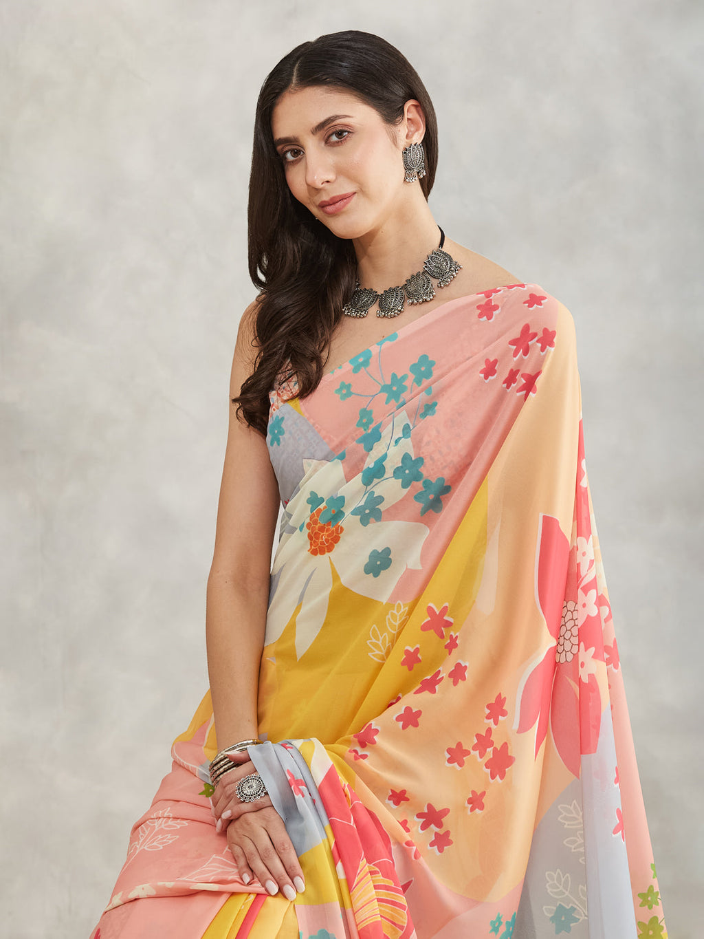 Janasya Multicolor Georgette Floral Printed Saree | Grocsy