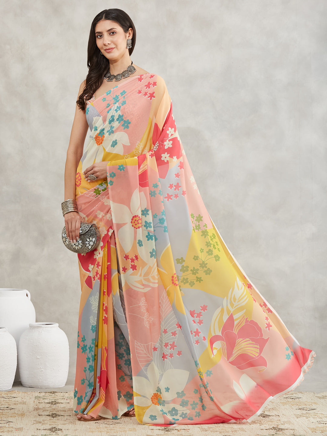 Janasya Multicolor Georgette Floral Printed Saree | Grocsy