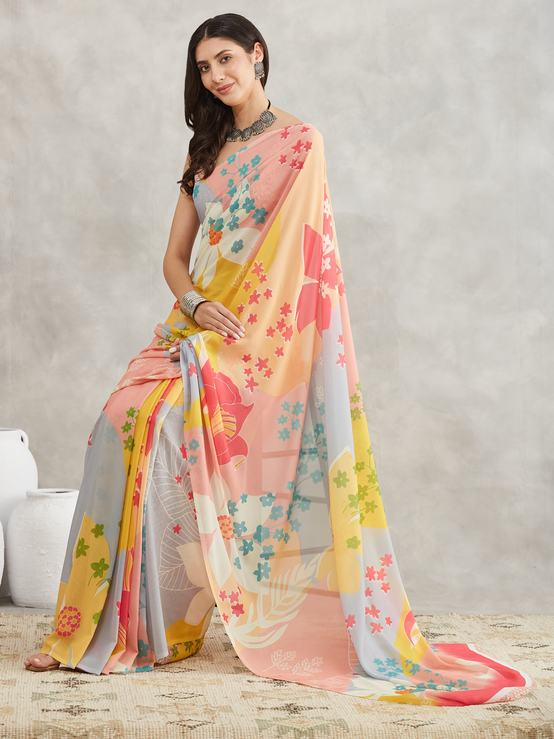 Janasya Multicolor Georgette Floral Printed Saree | Grocsy