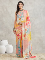 Janasya Multicolor Georgette Floral Printed Saree | Grocsy