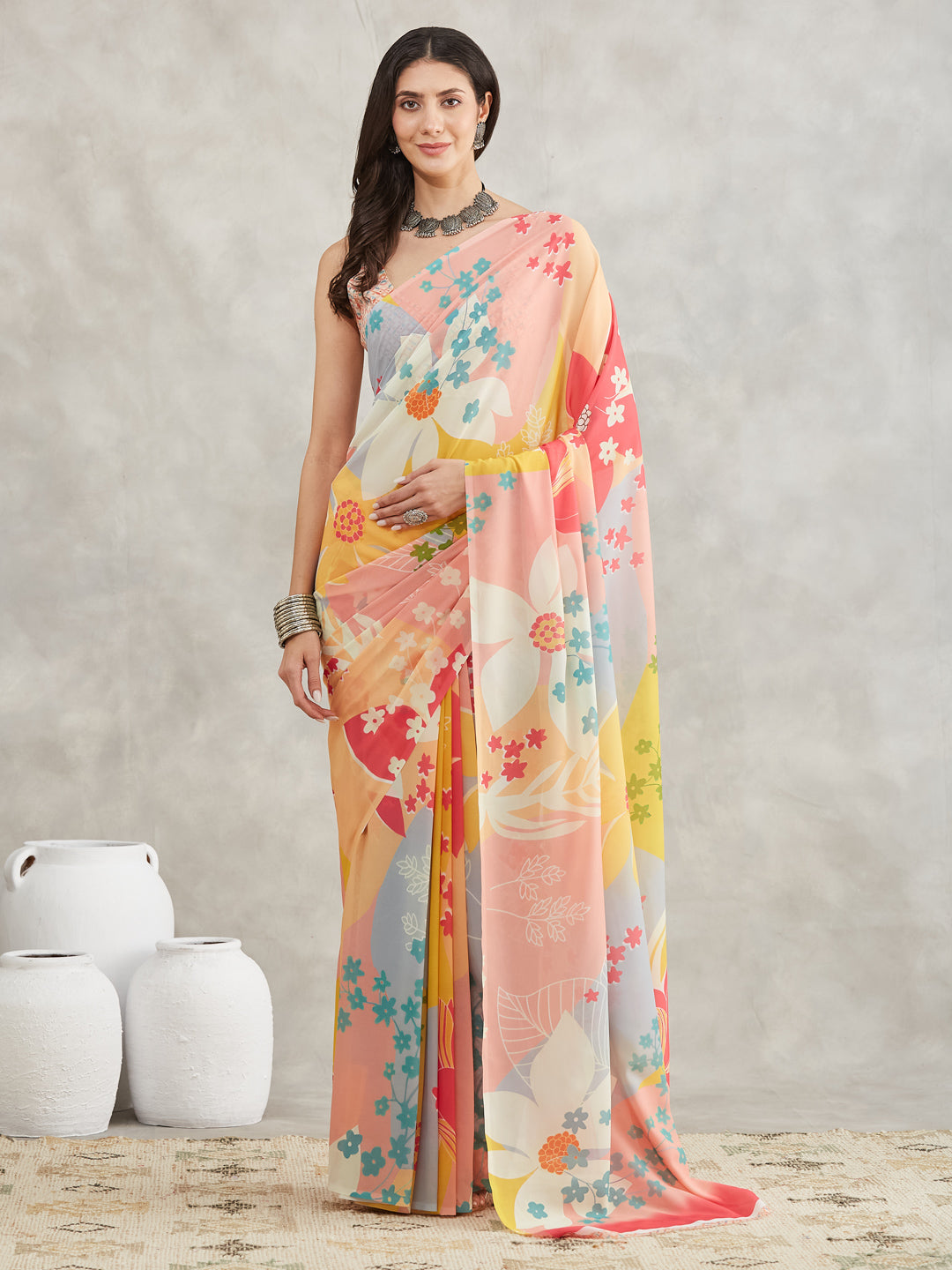 Janasya Multicolor Georgette Floral Printed Saree | Grocsy