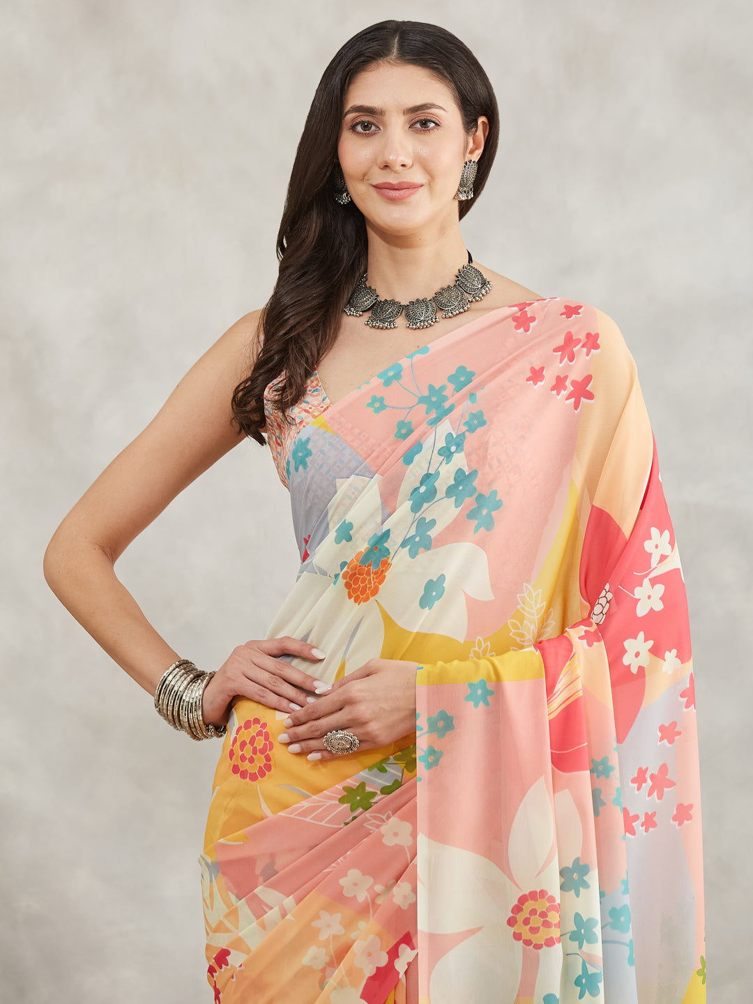 Janasya Multicolor Georgette Floral Printed Saree | Grocsy