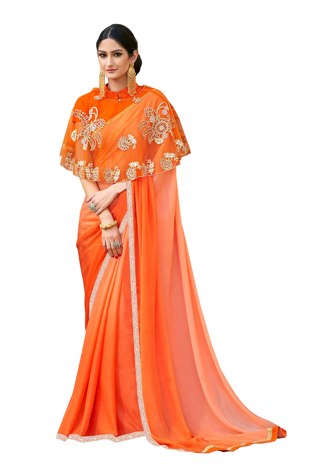 Vamika Orange Designer Saree With Double Blouse 1. Plain Silk Blouse 2. Poncho Blouse (With Embroidery And Stone Work) | Grocsy