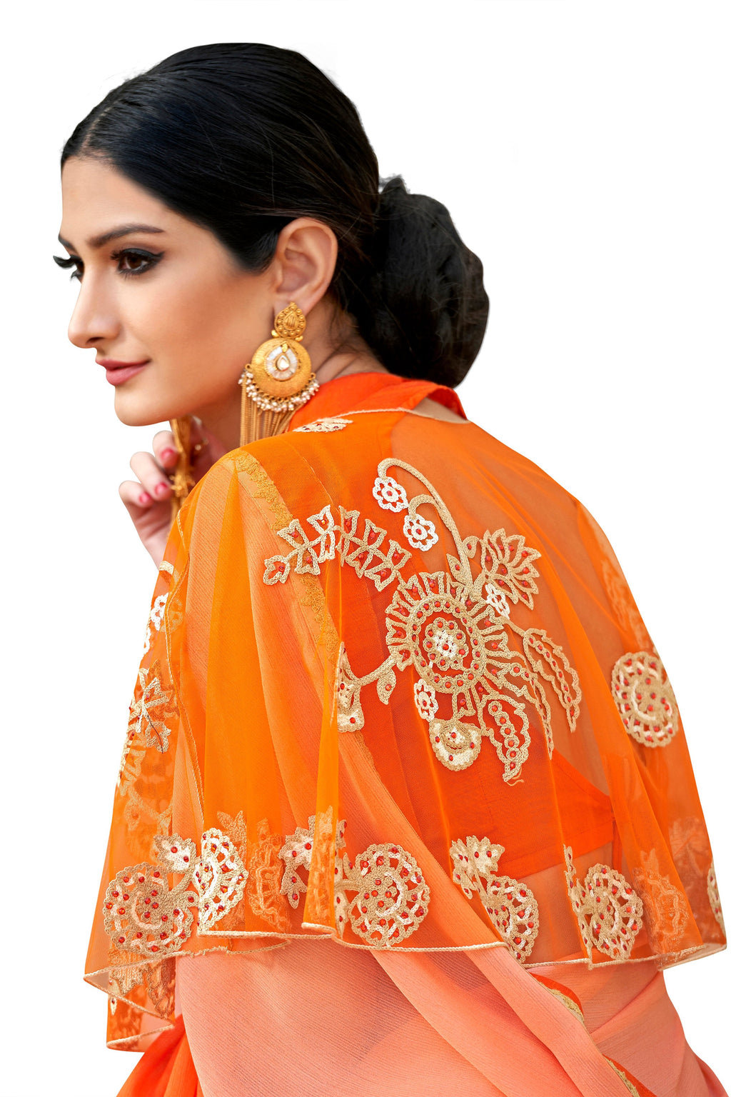 Vamika Orange Designer Saree With Double Blouse 1. Plain Silk Blouse 2. Poncho Blouse (With Embroidery And Stone Work) | Grocsy