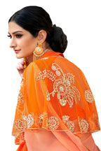 Vamika Orange Designer Saree With Double Blouse 1. Plain Silk Blouse 2. Poncho Blouse (With Embroidery And Stone Work) | Grocsy