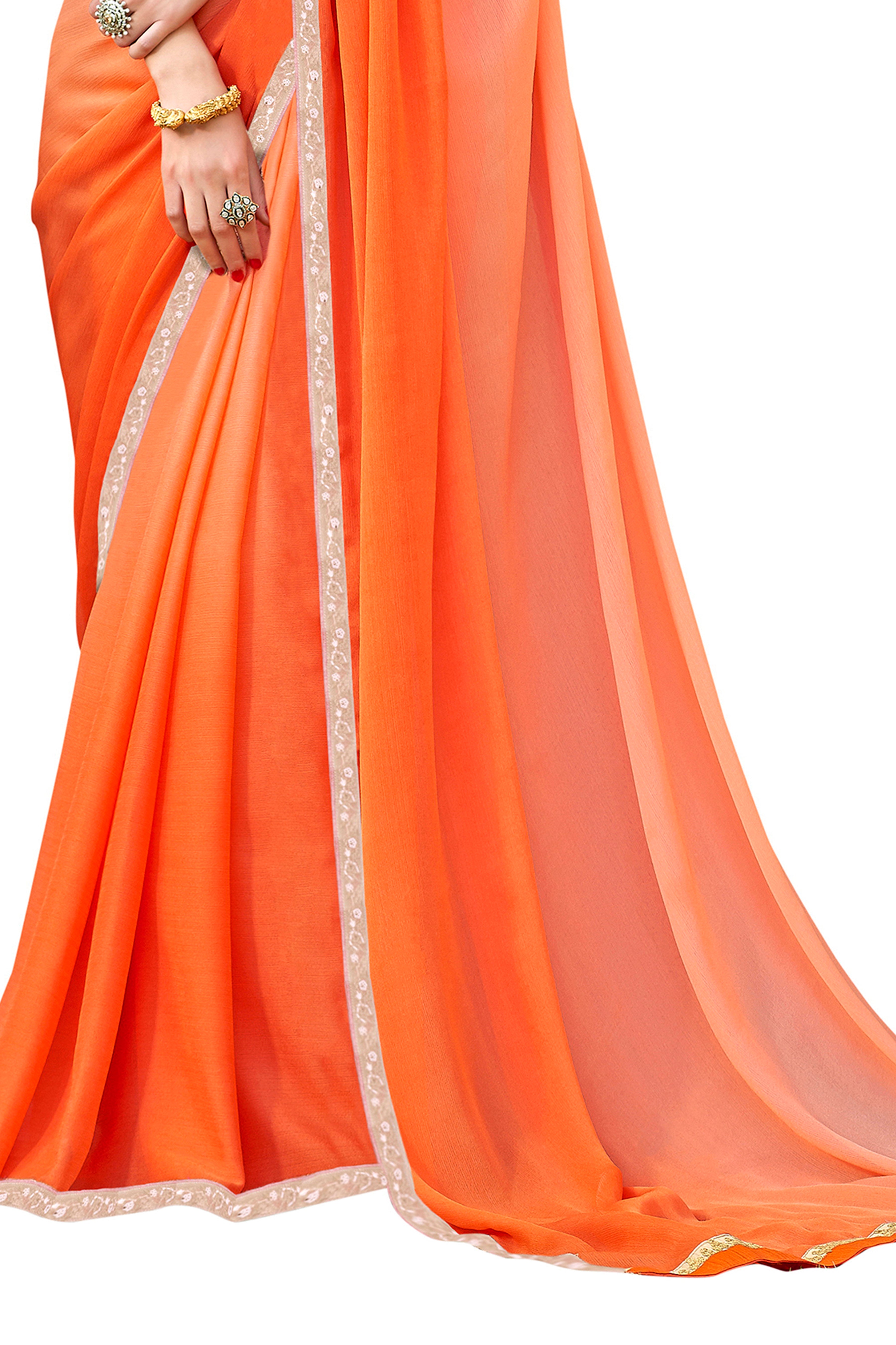 Vamika Orange Designer Saree With Double Blouse 1. Plain Silk Blouse 2. Poncho Blouse (With Embroidery And Stone Work) | Grocsy