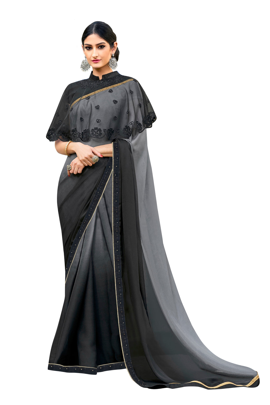 Vamika Black Designer Saree With Double Blouse 1. Plain Silk Blouse 2. Poncho Blouse (With Embroidery And Stone Work) | Grocsy