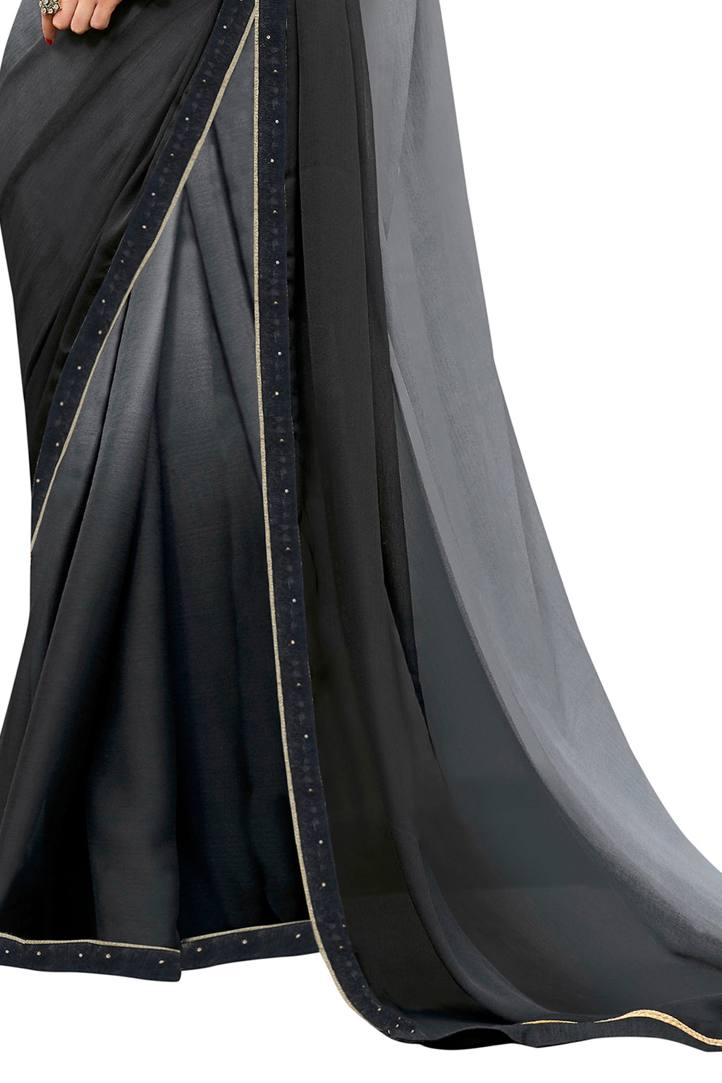 Vamika Black Designer Saree With Double Blouse 1. Plain Silk Blouse 2. Poncho Blouse (With Embroidery And Stone Work) | Grocsy