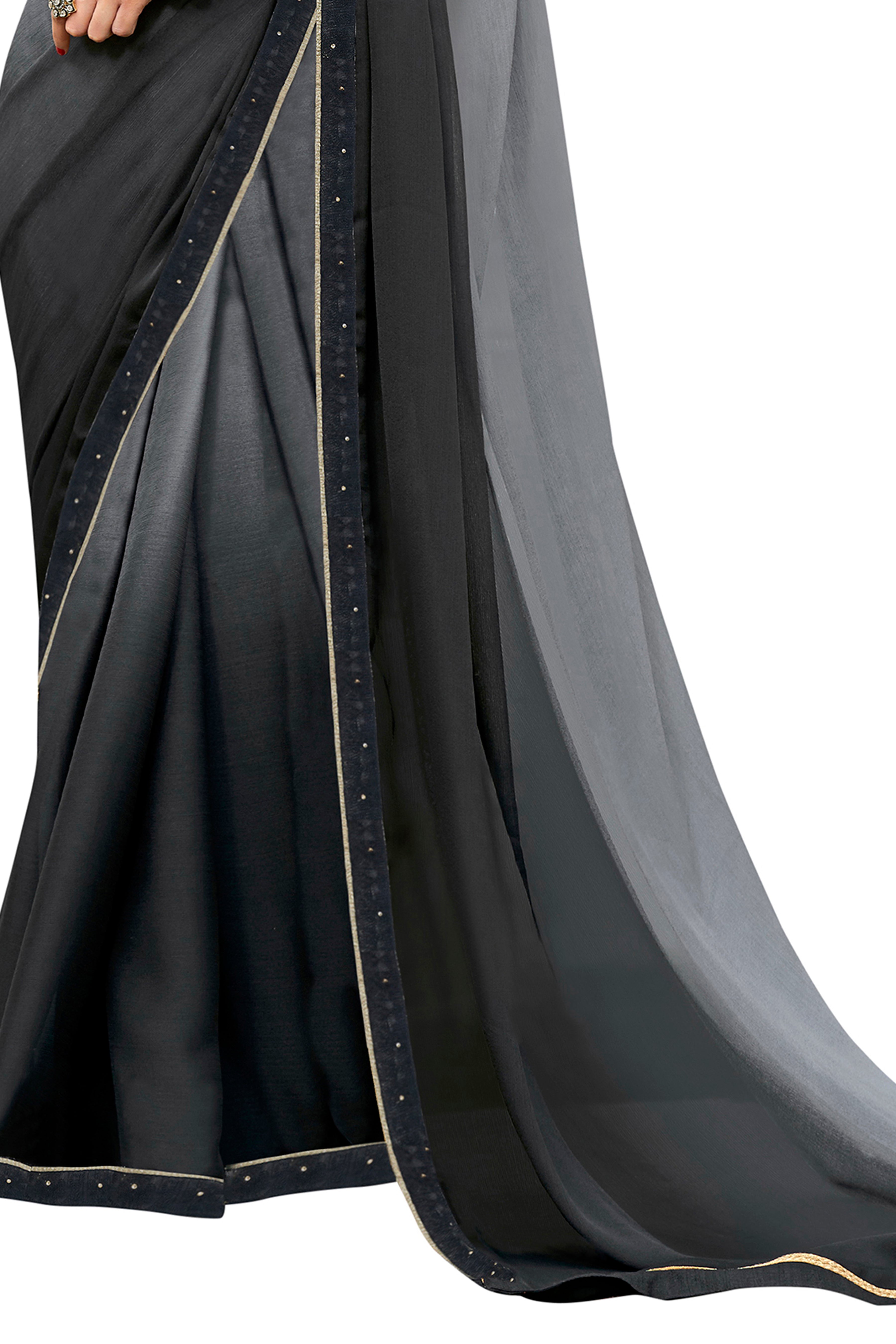 Vamika Black Designer Saree With Double Blouse 1. Plain Silk Blouse 2. Poncho Blouse (With Embroidery And Stone Work) | Grocsy