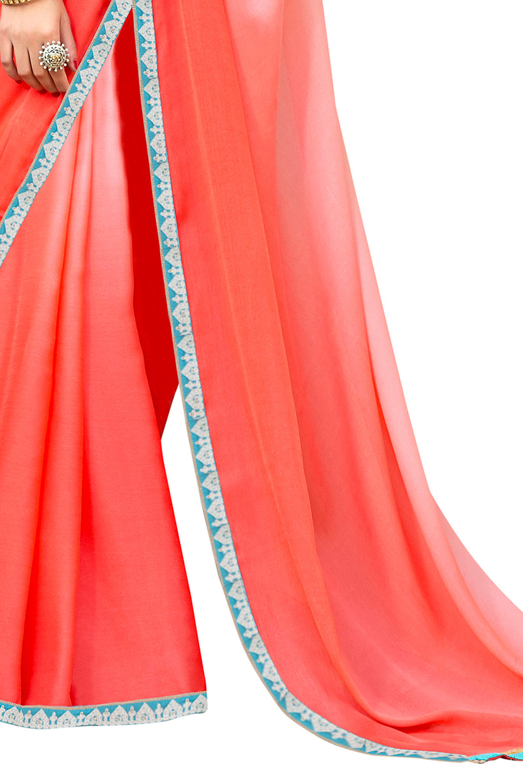 Vamika Peach Designer Saree With Double Blouse 1. Plain Silk Blouse 2. Poncho Blouse (With Embroidery And Stone Work) | Grocsy