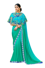 Vamika Rama Green Designer Saree With Double Blouse 1. Plain Silk Blouse 2. Poncho Blouse (With Embroidery And Stone Work) | Grocsy