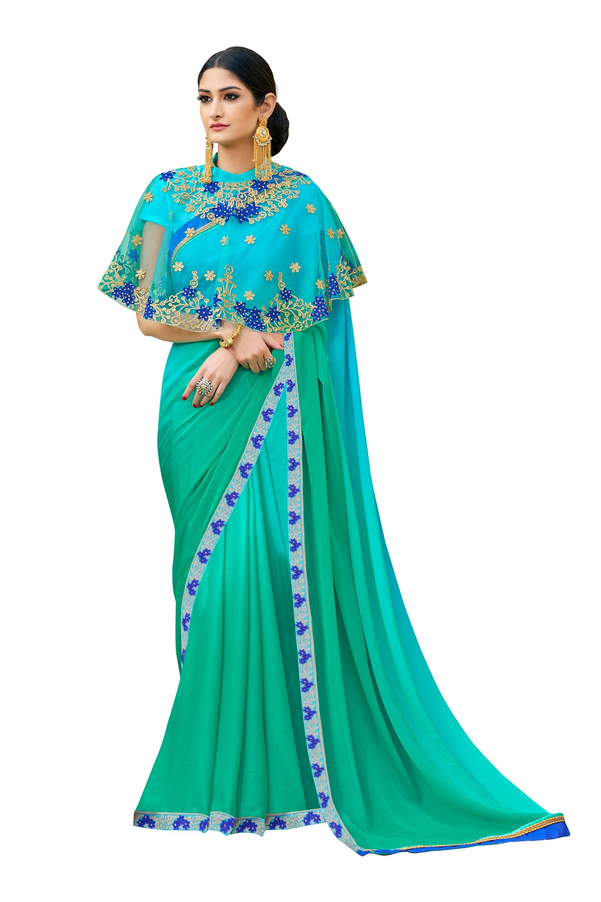 Vamika Rama Green Designer Saree With Double Blouse 1. Plain Silk Blouse 2. Poncho Blouse (With Embroidery And Stone Work) | Grocsy