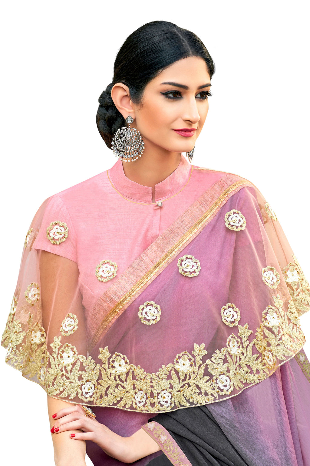 Vamika Purple Designer Saree With Double Blouse 1. Plain Silk Blouse 2. Poncho Blouse (With Embroidery And Stone Work) | Grocsy