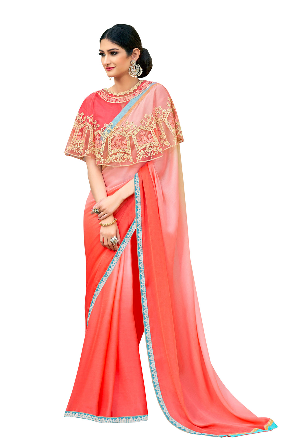 Vamika Peach Designer Saree With Double Blouse 1. Plain Silk Blouse 2. Poncho Blouse (With Embroidery And Stone Work) | Grocsy
