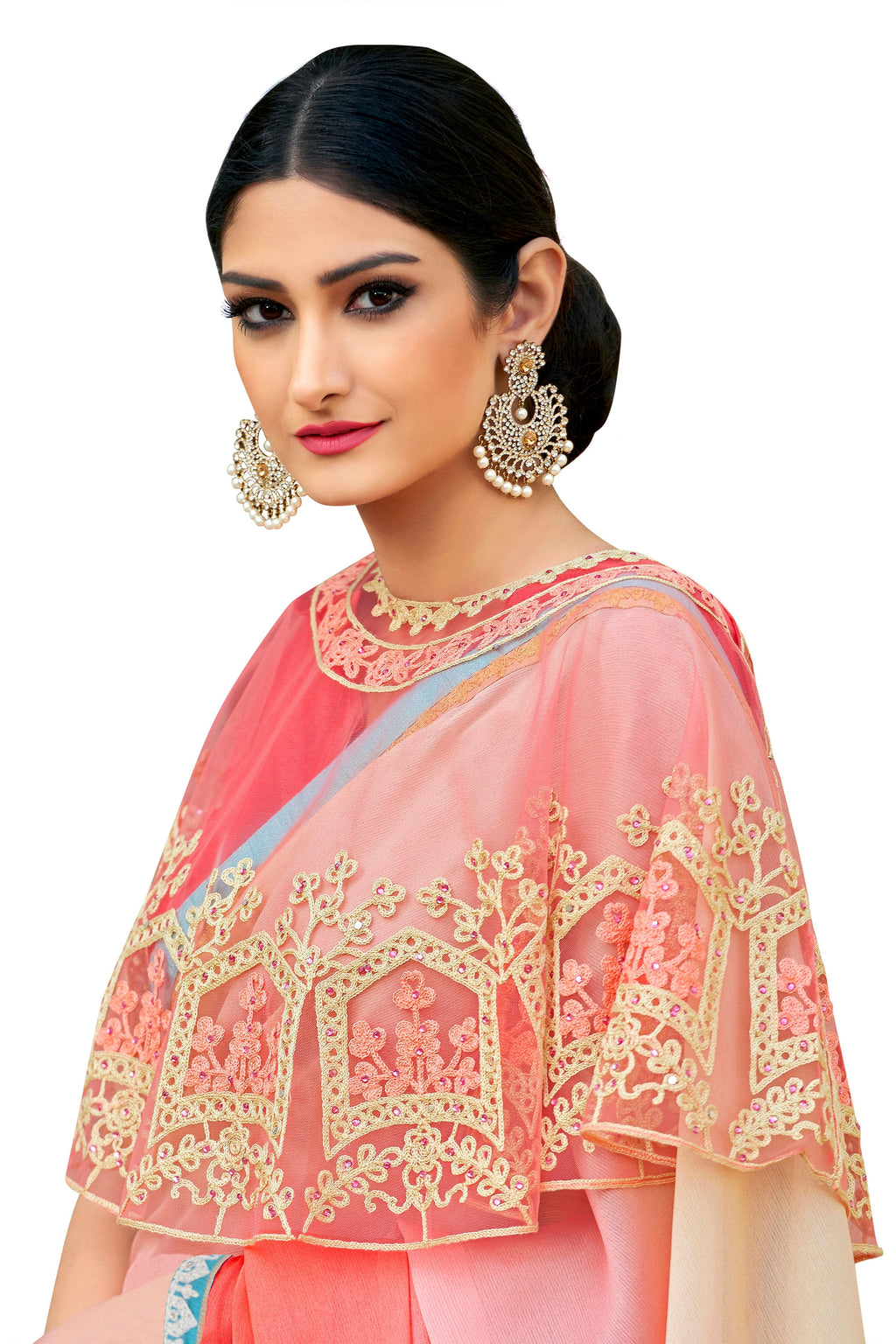 Vamika Peach Designer Saree With Double Blouse 1. Plain Silk Blouse 2. Poncho Blouse (With Embroidery And Stone Work) | Grocsy