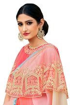 Vamika Peach Designer Saree With Double Blouse 1. Plain Silk Blouse 2. Poncho Blouse (With Embroidery And Stone Work) | Grocsy