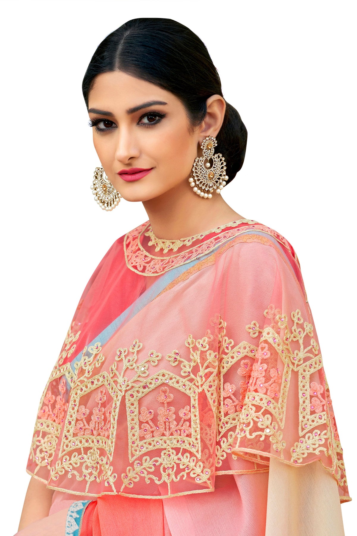 Vamika Peach Designer Saree With Double Blouse 1. Plain Silk Blouse 2. Poncho Blouse (With Embroidery And Stone Work) | Grocsy