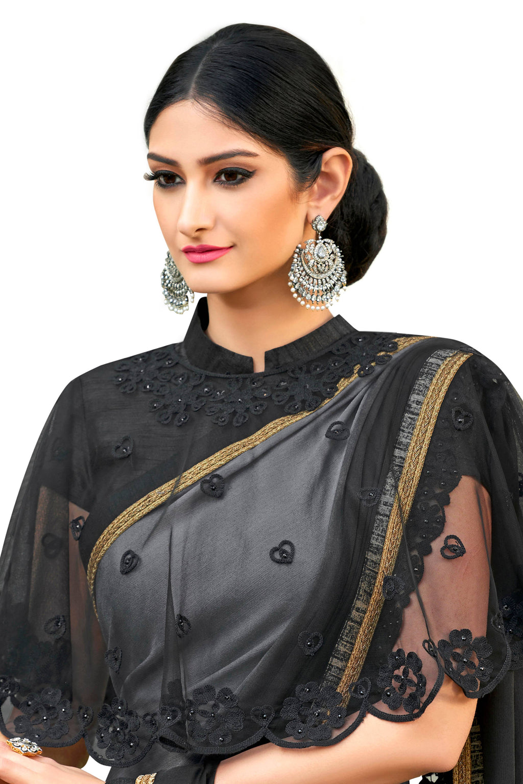 Vamika Black Designer Saree With Double Blouse 1. Plain Silk Blouse 2. Poncho Blouse (With Embroidery And Stone Work) | Grocsy