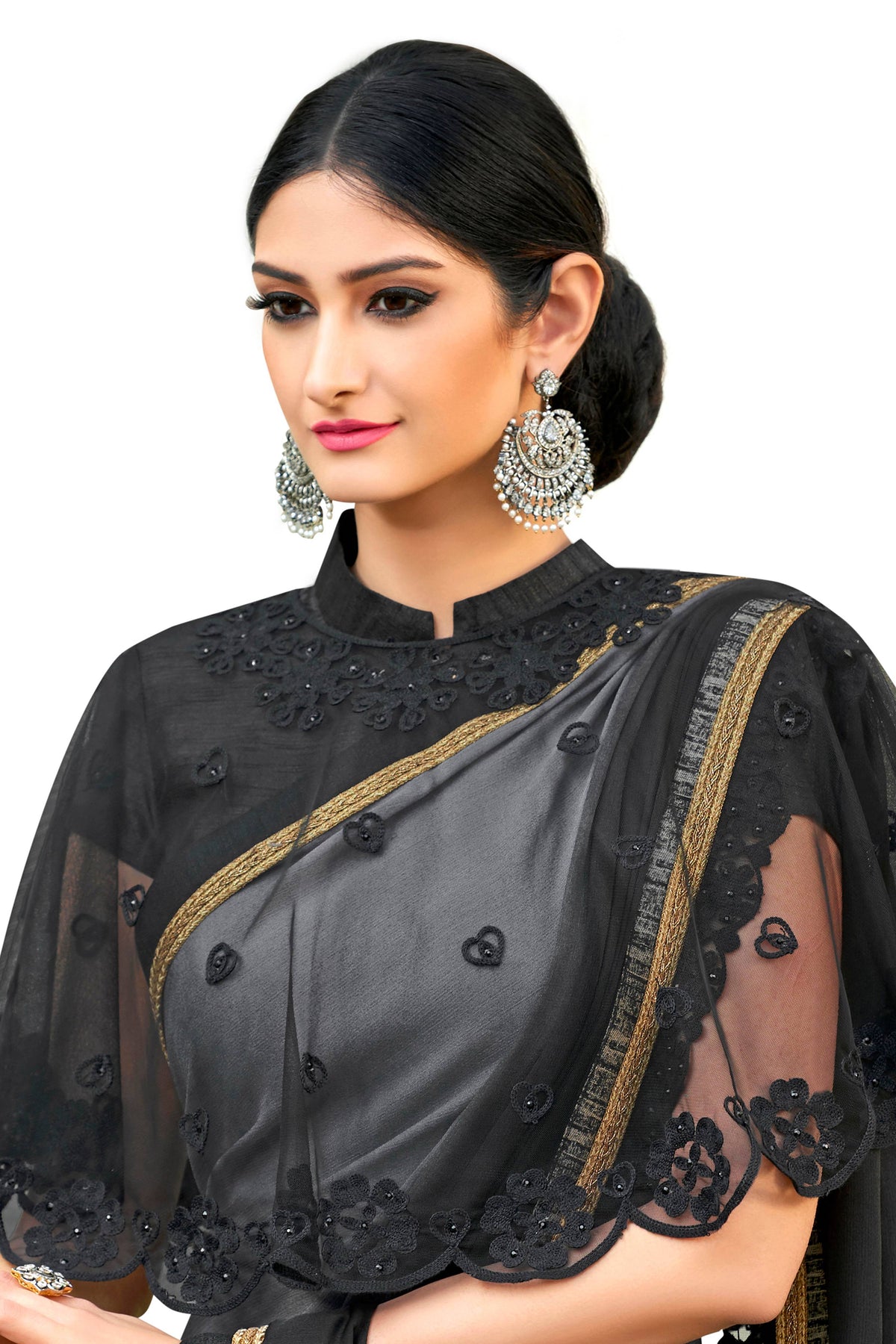 Vamika Black Designer Saree With Double Blouse 1. Plain Silk Blouse 2. Poncho Blouse (With Embroidery And Stone Work) | Grocsy