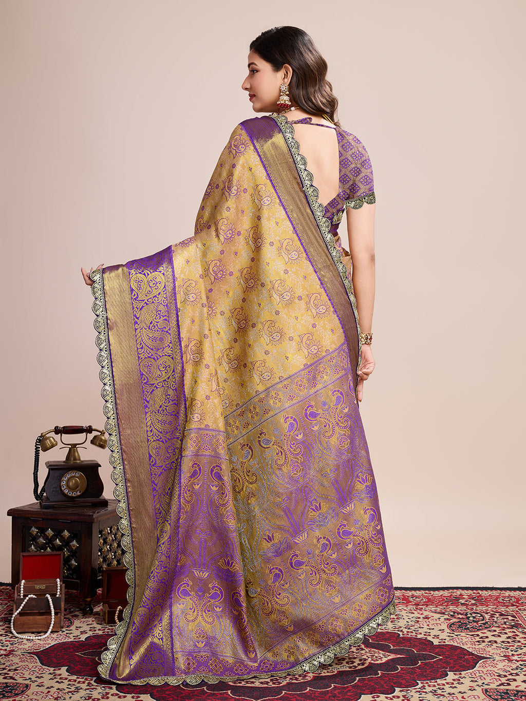Dwija Fashion Golden Wedding Wear Jari Weaving Kanjivaram Silk Saree With Unstitched Blouse | Grocsy