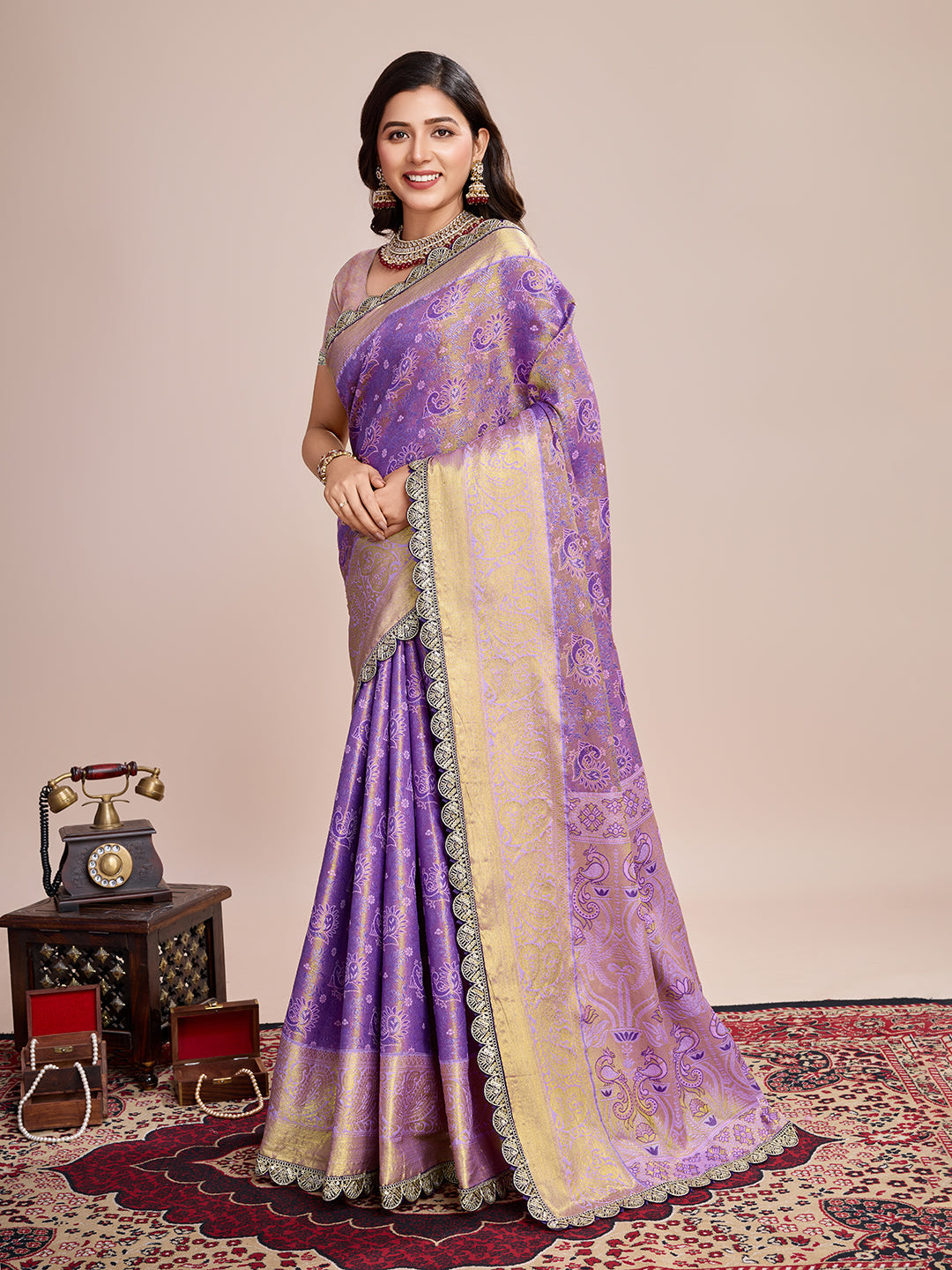 Dwija Fashion Purple Wedding Wear Jari Weaving Kanjivaram Silk Saree With Unstitched Blouse | Grocsy