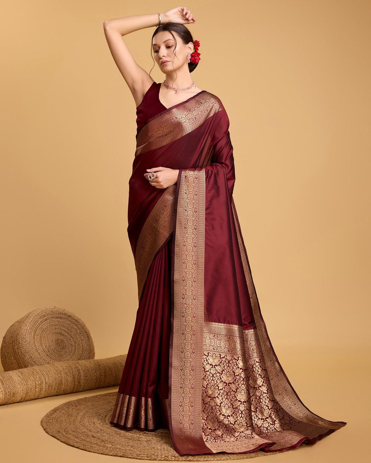 Dwija Fashion Deep Maroon Party Wear Banarsi Pure Silk Plain Saree With Unstitched Blouse | Grocsy