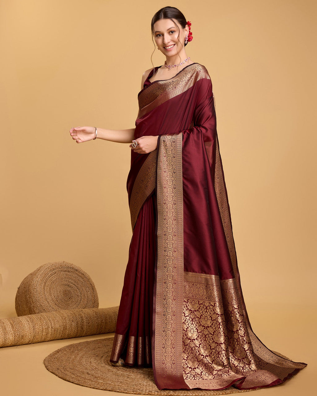 Dwija Fashion Deep Maroon Party Wear Banarsi Pure Silk Plain Saree With Unstitched Blouse | Grocsy