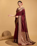 Dwija Fashion Deep Maroon Party Wear Banarsi Pure Silk Plain Saree With Unstitched Blouse | Grocsy