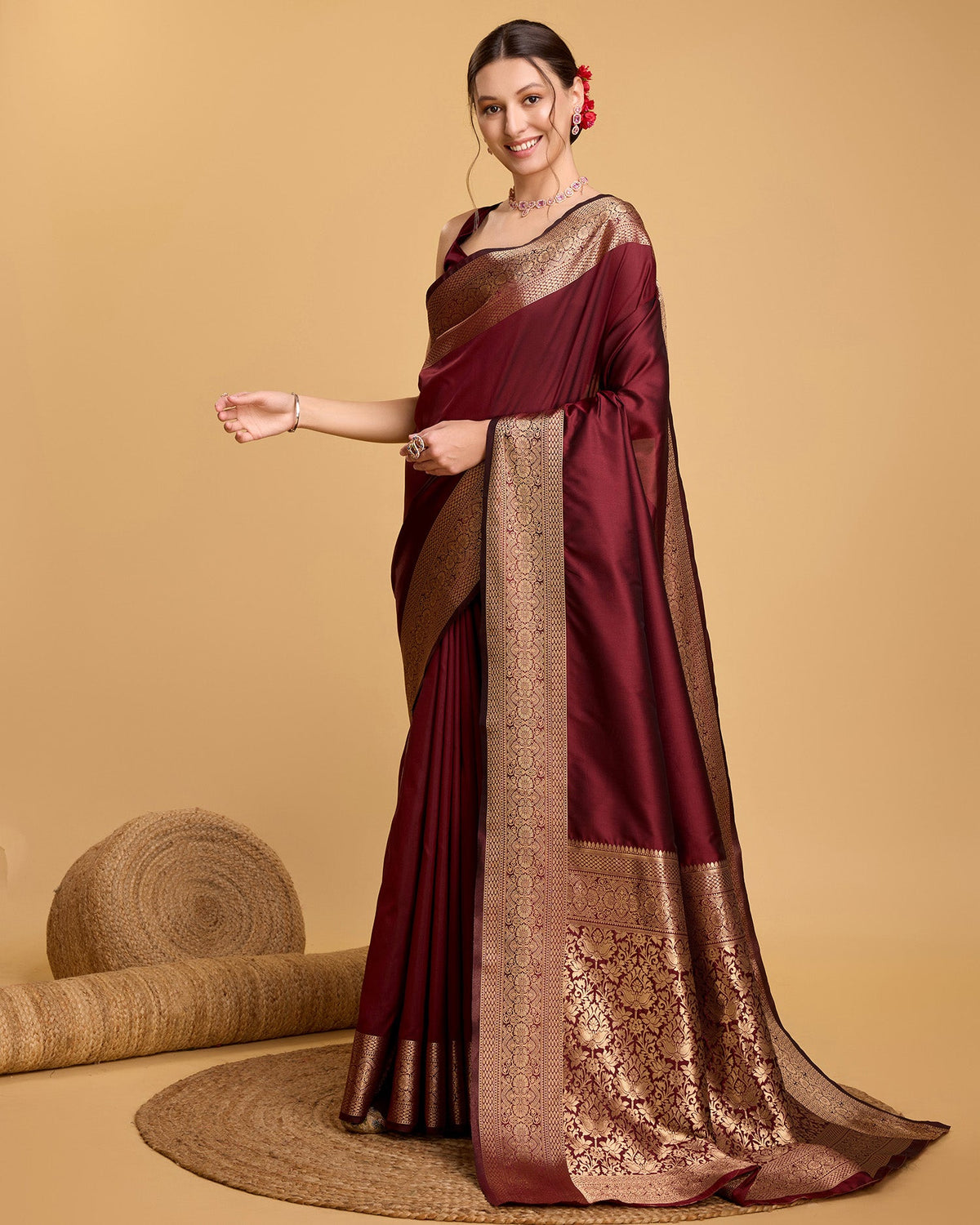 Dwija Fashion Deep Maroon Party Wear Banarsi Pure Silk Plain Saree With Unstitched Blouse | Grocsy