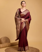 Dwija Fashion Deep Maroon Party Wear Banarsi Pure Silk Plain Saree With Unstitched Blouse | Grocsy