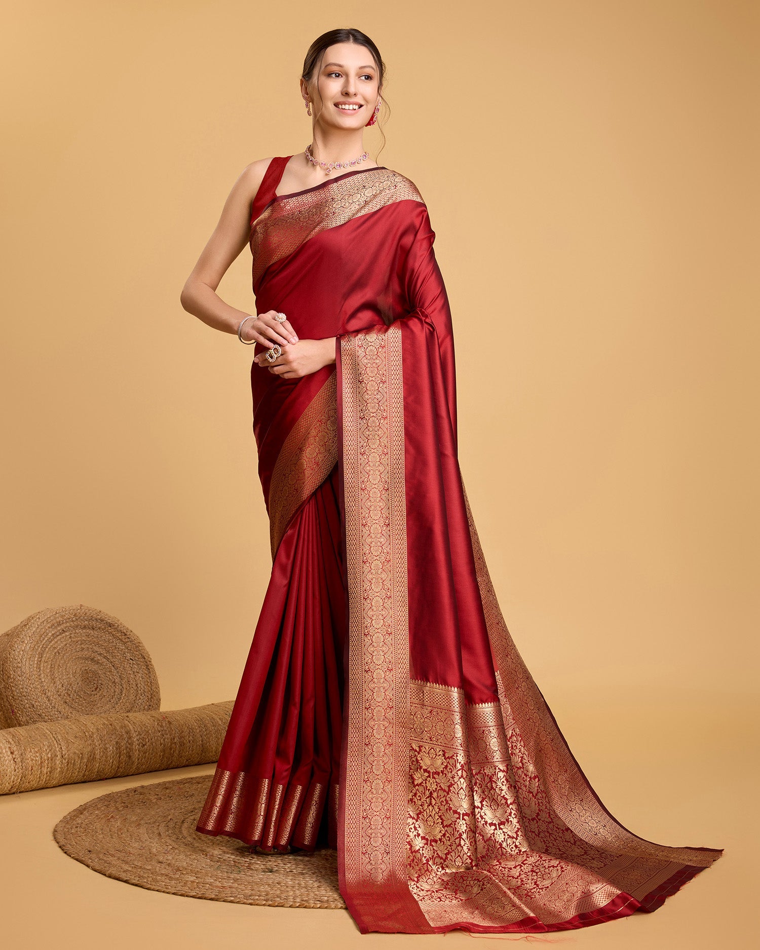 Dwija Fashion Red Party Wear Banarsi Pure Silk Plain Saree With Unstitched Blouse | Grocsy