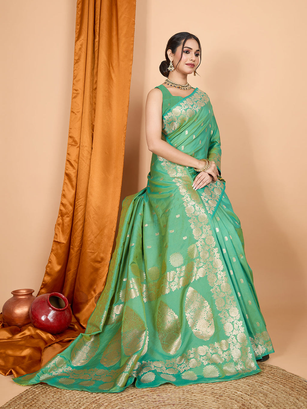 Dwija Fashion Green Party Wear Banarsi Silk With Jari Weaving Work Saree With Unstitched Blouse | Grocsy