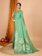 Dwija Fashion Green Party Wear Banarsi Silk With Jari Weaving Work Saree With Unstitched Blouse | Grocsy