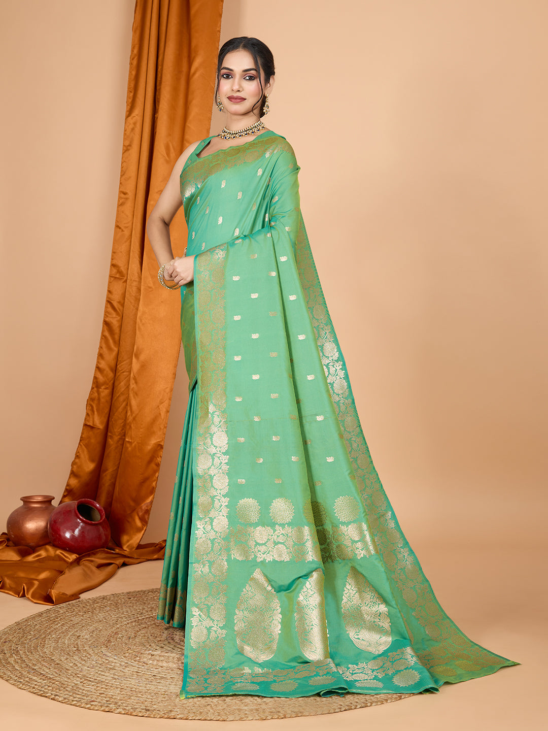 Dwija Fashion Green Party Wear Banarsi Silk With Jari Weaving Work Saree With Unstitched Blouse | Grocsy