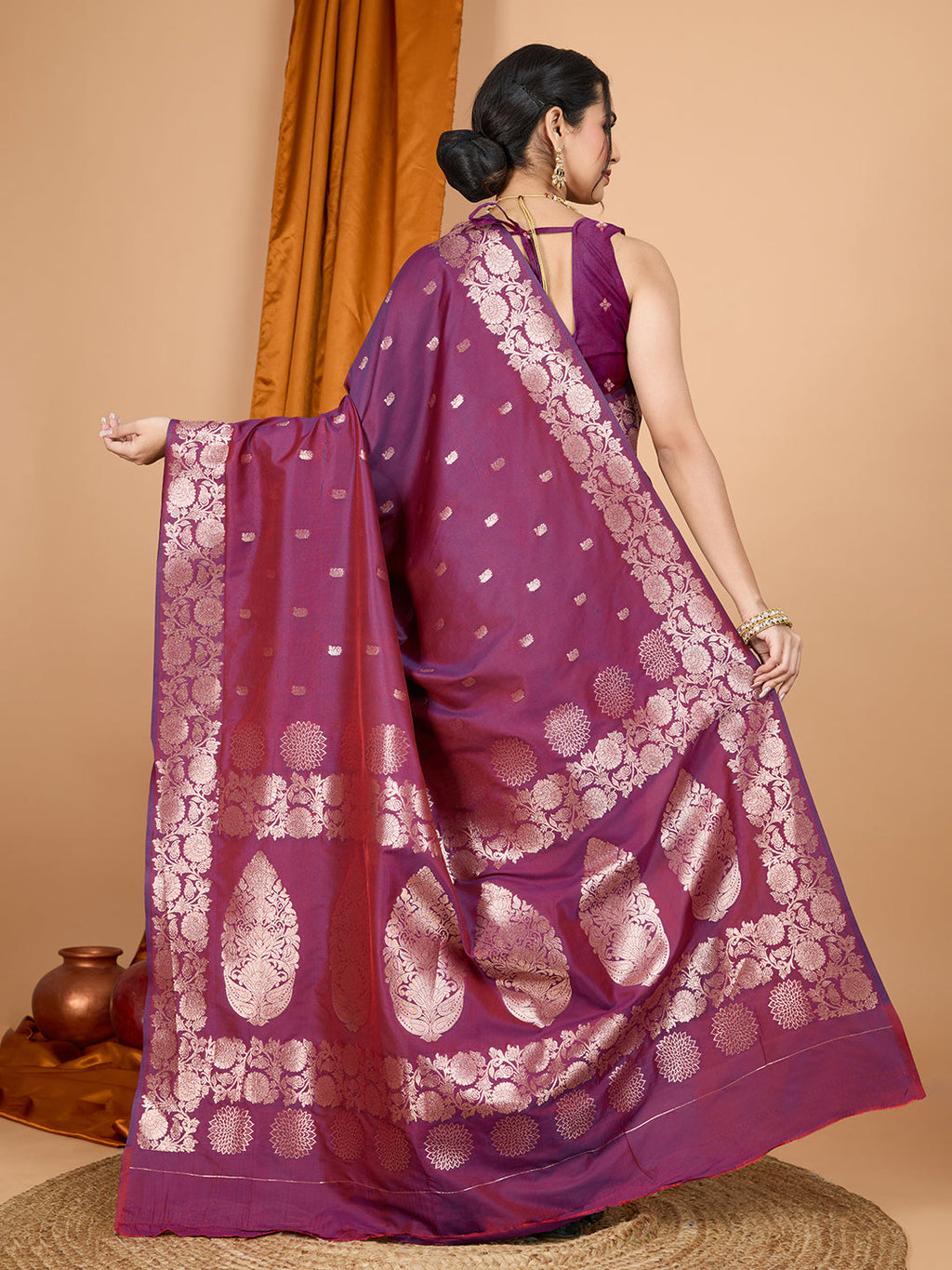 Dwija Fashion Wine Party Wear Banarsi Silk With Jari Weaving Work Saree With Unstitched Blouse | Grocsy