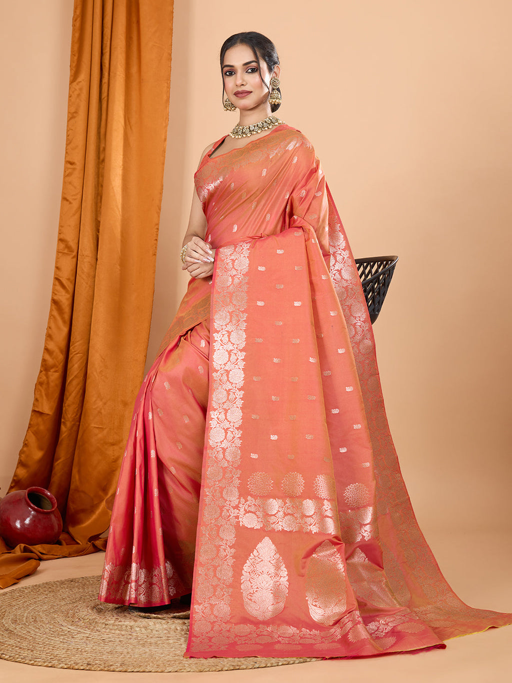 Dwija Fashion Peach Party Wear Banarsi Silk With Jari Weaving Work Saree With Unstitched Blouse | Grocsy