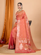 Dwija Fashion Peach Party Wear Banarsi Silk With Jari Weaving Work Saree With Unstitched Blouse | Grocsy