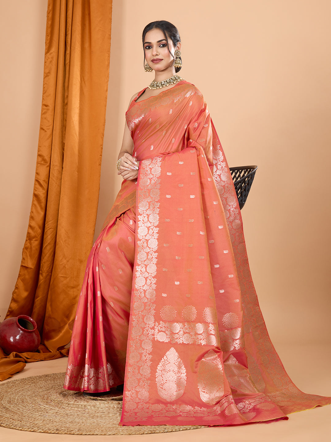 Dwija Fashion Peach Party Wear Banarsi Silk With Jari Weaving Work Saree With Unstitched Blouse | Grocsy