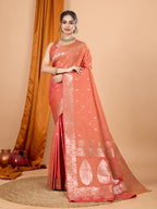 Dwija Fashion Peach Party Wear Banarsi Silk With Jari Weaving Work Saree With Unstitched Blouse | Grocsy