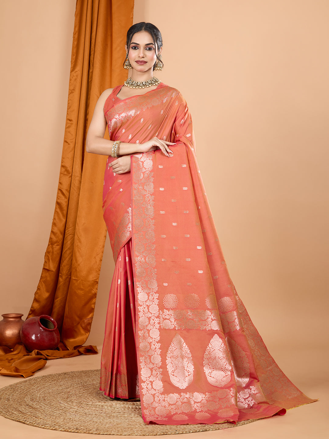 Dwija Fashion Peach Party Wear Banarsi Silk With Jari Weaving Work Saree With Unstitched Blouse | Grocsy