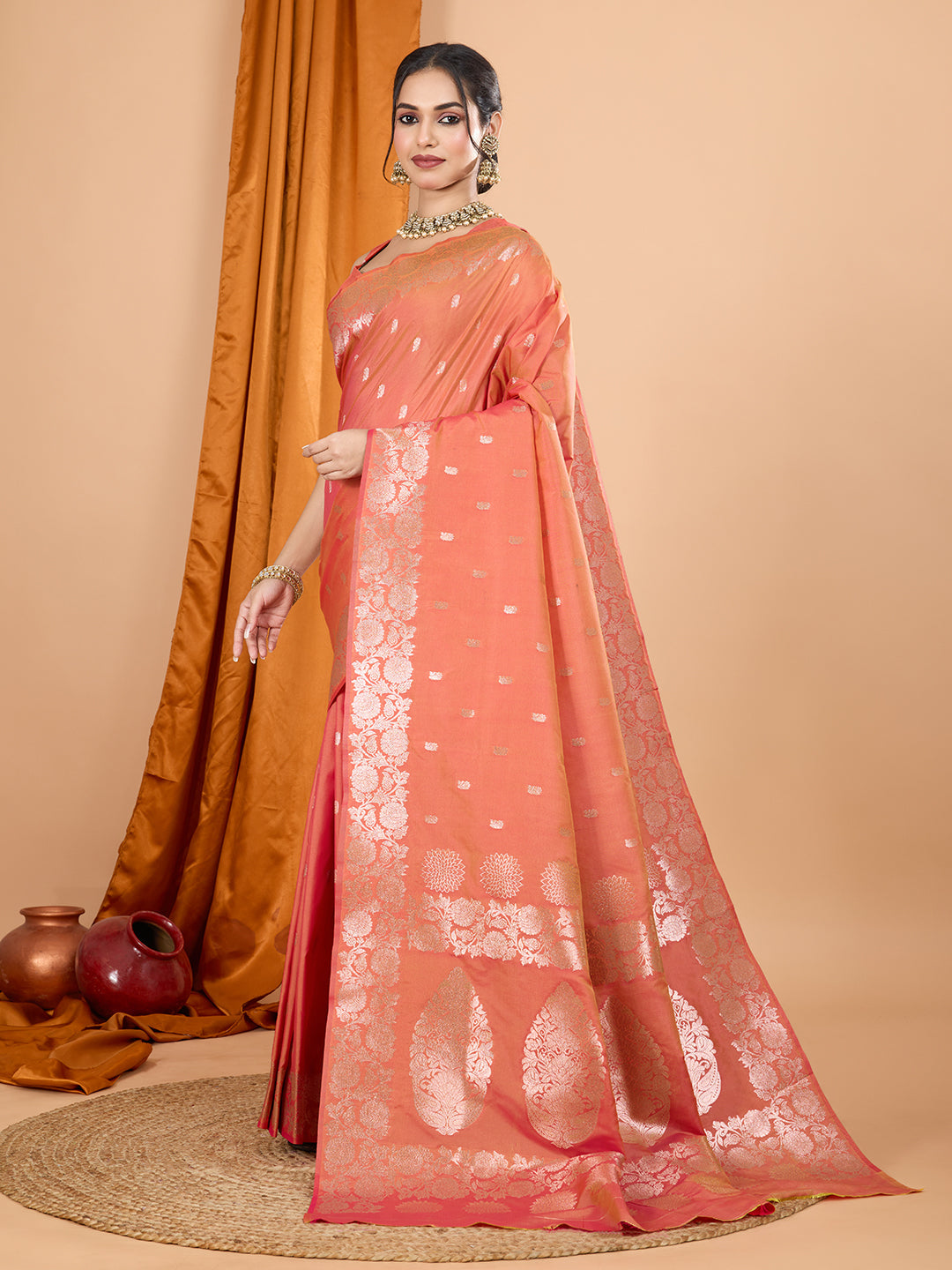 Dwija Fashion Peach Party Wear Banarsi Silk With Jari Weaving Work Saree With Unstitched Blouse | Grocsy
